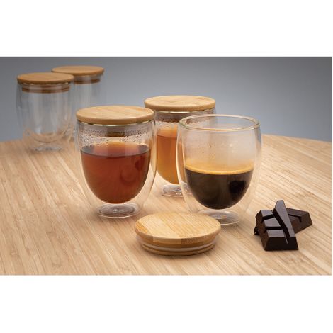 Tasses à café en verre avec couvercle en bambou Double paroi
