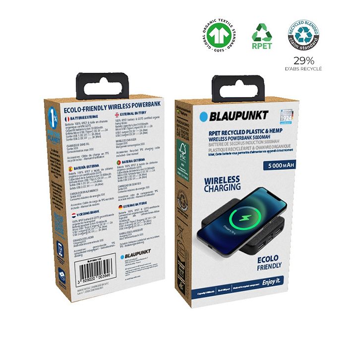  Batterie de secours induction RPET et Chanvre 5 000mAh - BLAUPUNK